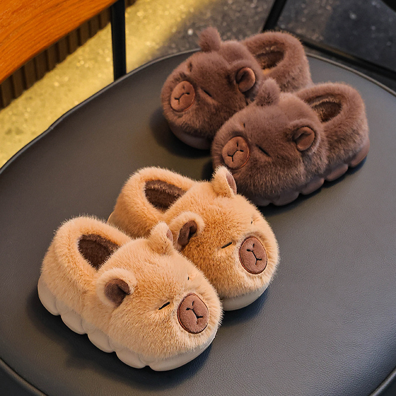 卡皮巴拉儿童棉拖鞋冬男女童保暖加绒毛毛防滑踩屎感亲子包跟棉鞋