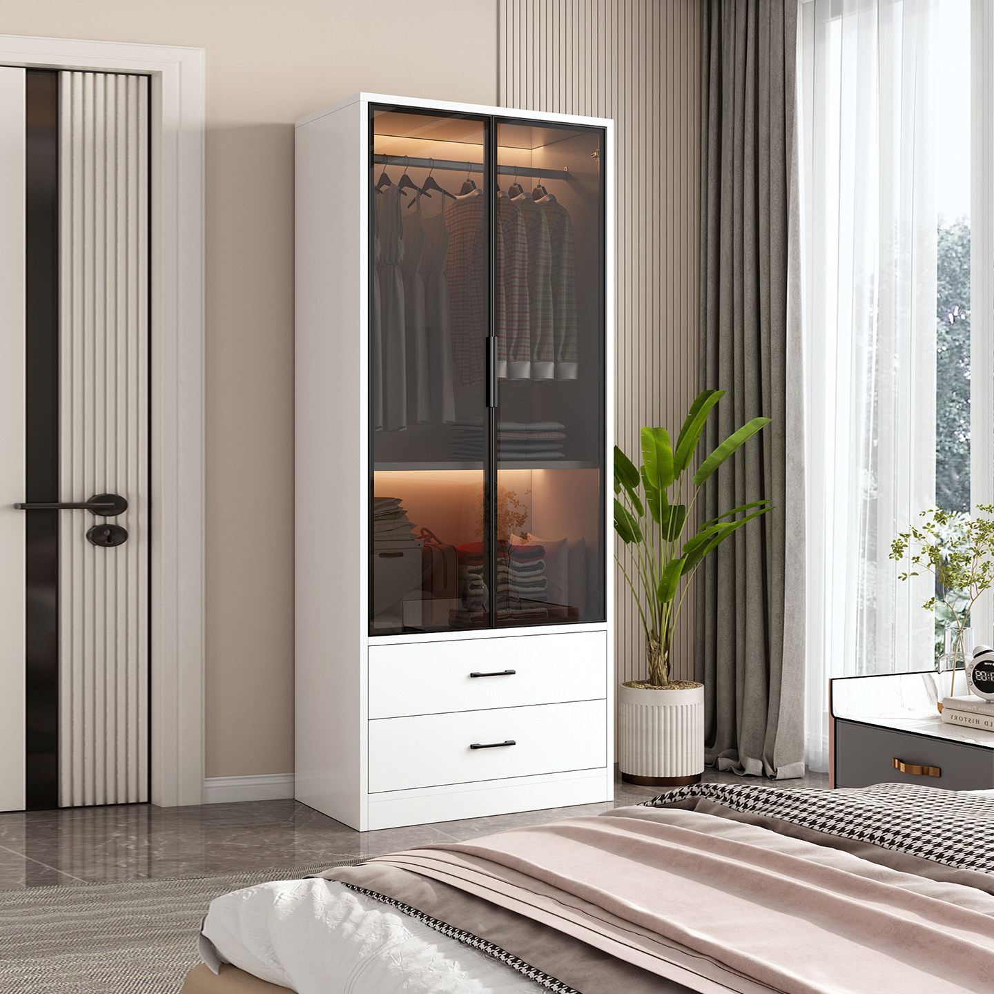 衣柜家用卧室实木小户型现代简约轻奢两门玻璃衣橱定制出租房柜子