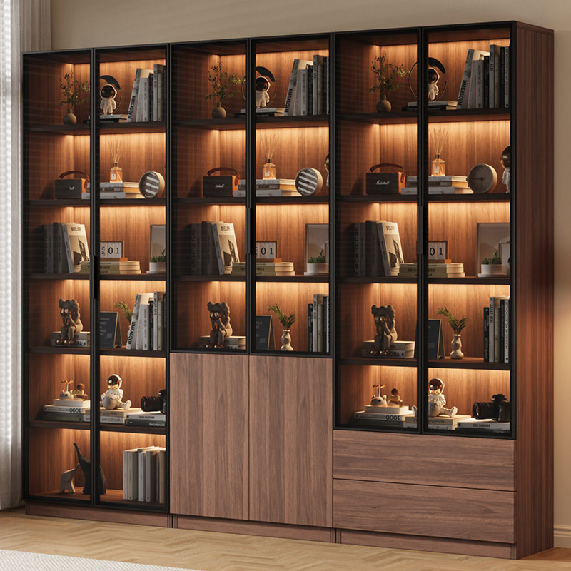 书柜带玻璃门定制中古展示酒柜家用客厅一体整墙靠墙置物手办书架
