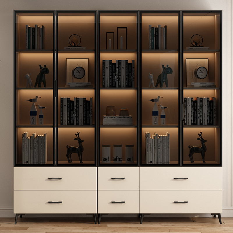 一体书柜玻璃门实木轻奢