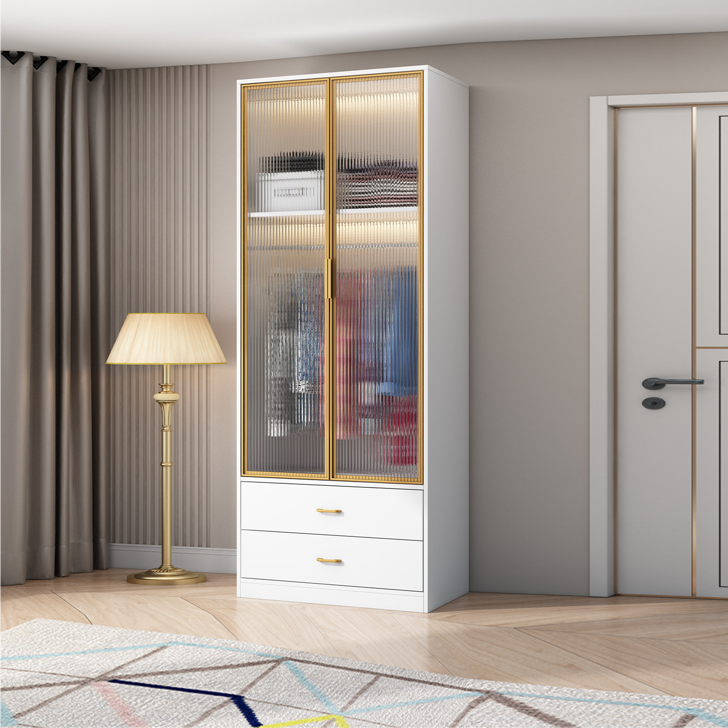 定制长虹玻璃衣柜家用卧室实木小户型现代简约两门出租房柜子衣橱