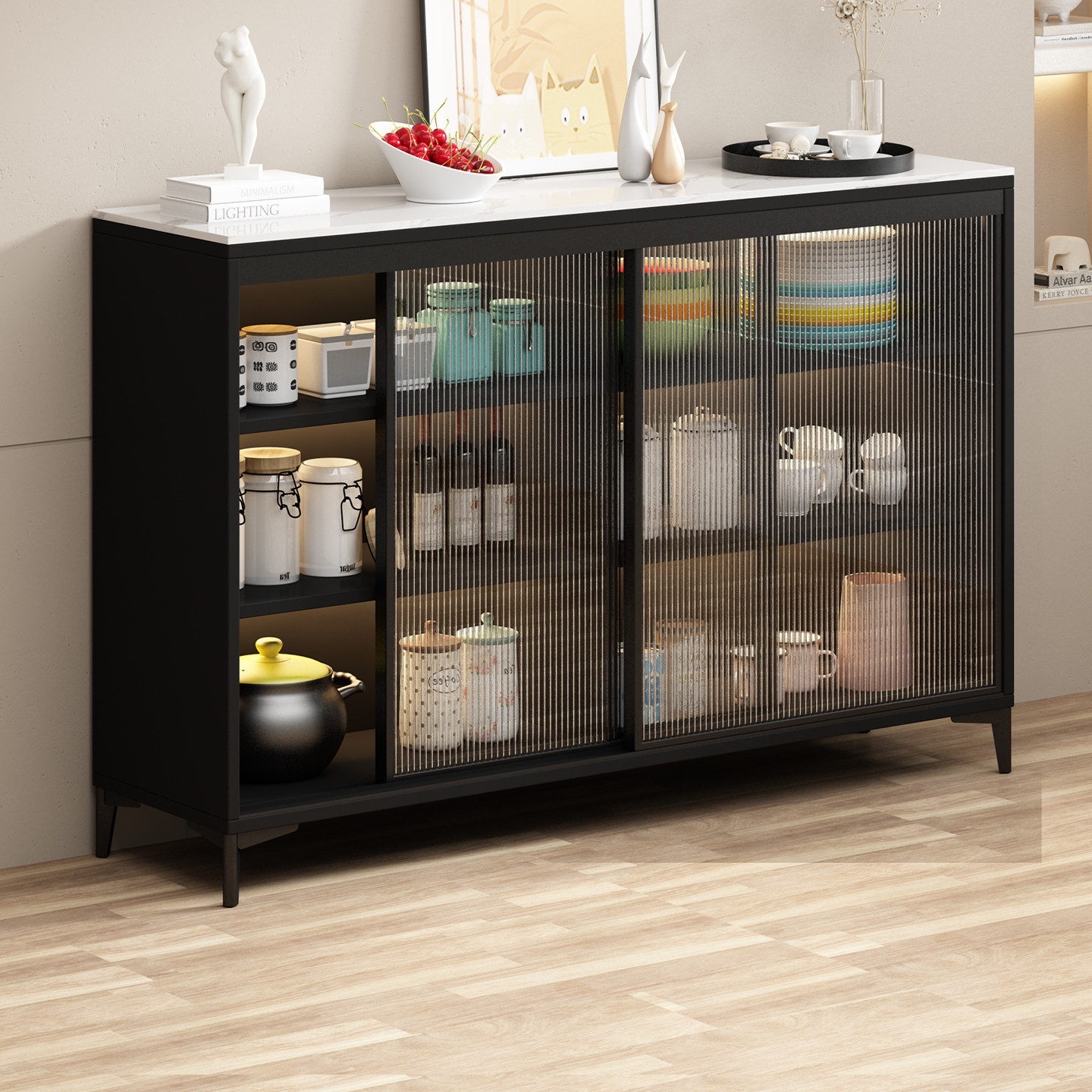 长虹玻璃门餐边柜推拉门家用定制岩板茶水柜酒柜置物柜子厨房橱柜