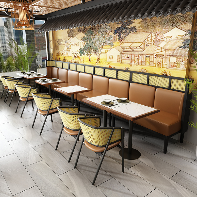 新中式咖啡厅茶楼卡座沙发酒店藤编餐椅茶餐厅饭店实木餐桌椅组合