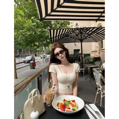 JMSHOP 天菜研习社 羊毛混纺大U领短袖T恤女夏季百搭短款修身上衣