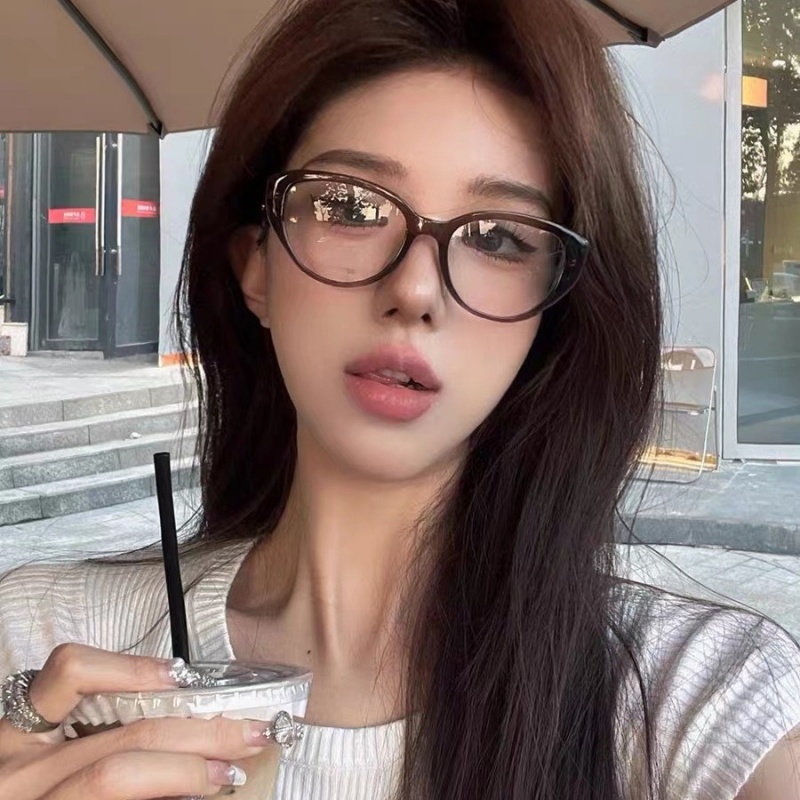 欧美风复古茶色猫眼素颜平光眼镜女潮方圆脸显瘦学生配近视高度数