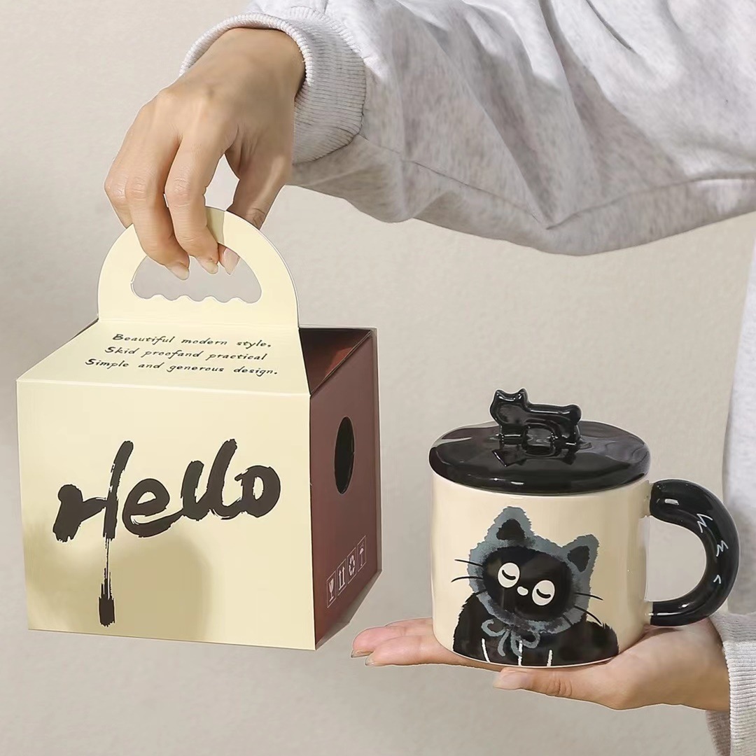 创意个性猫咪马克杯带盖伴手礼品喝水杯可爱陶瓷咖啡杯办公室杯子