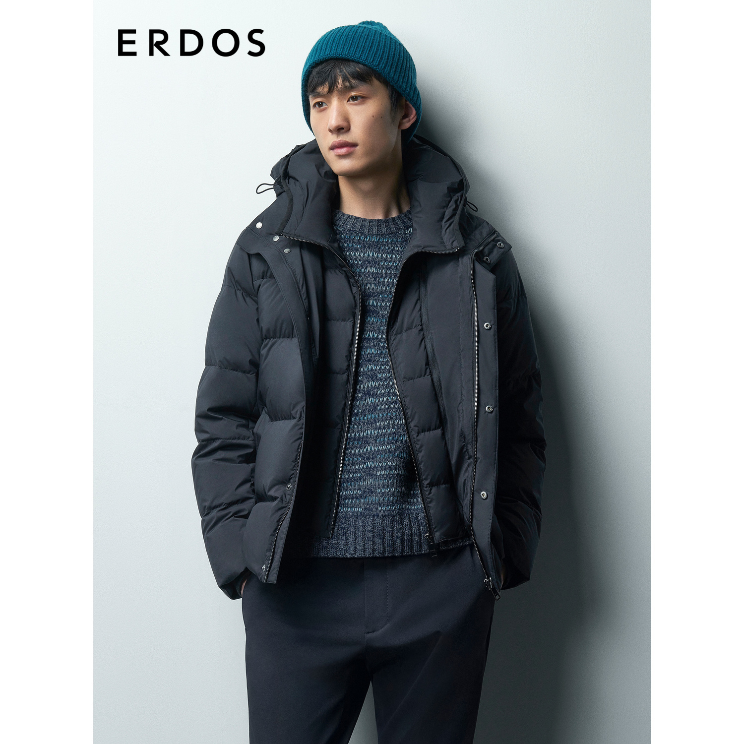 ERDOS 男装白鹅绒羽绒服秋冬黑色含绒量90%加厚短款外套