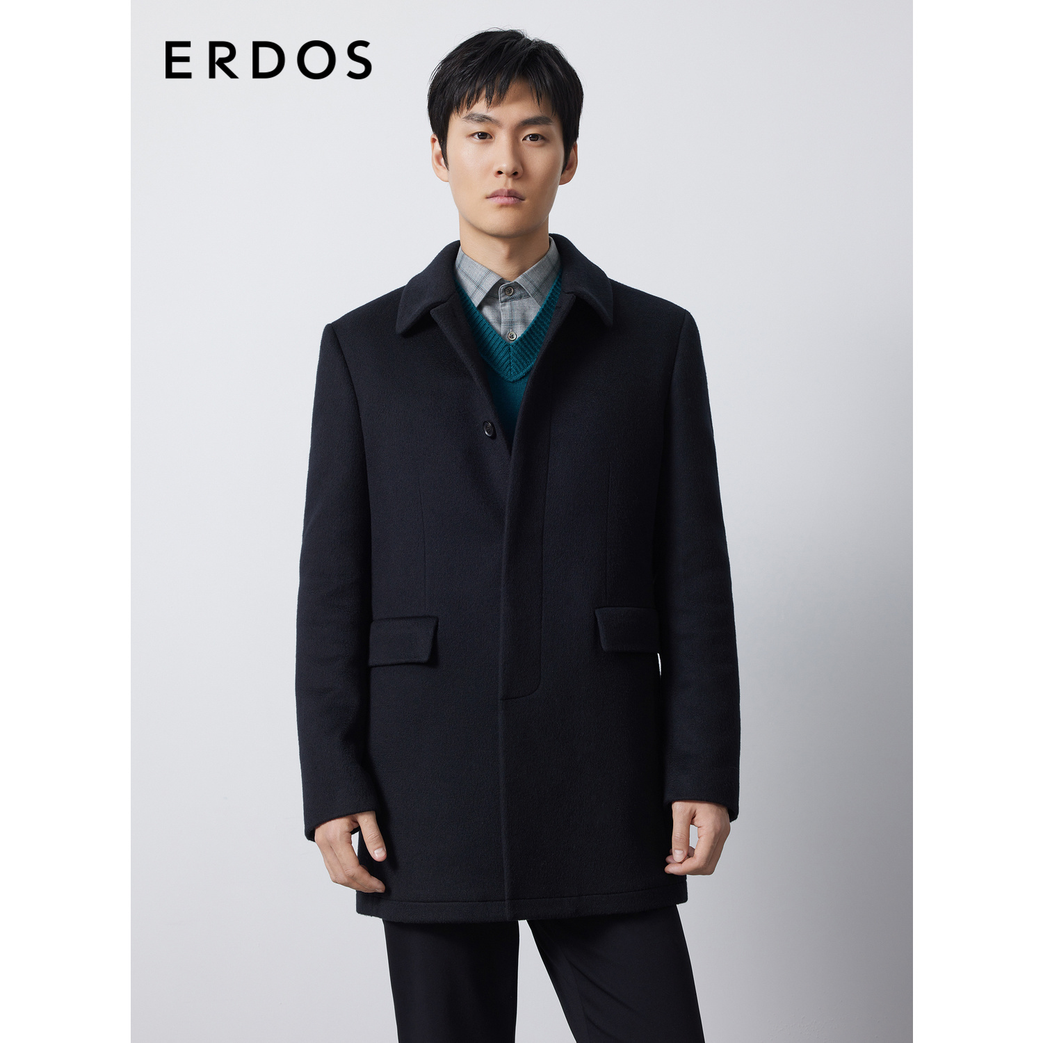 【羊绒大衣】ERDOS 男装秋冬黑色翻领中长款厚外套轻商务通勤