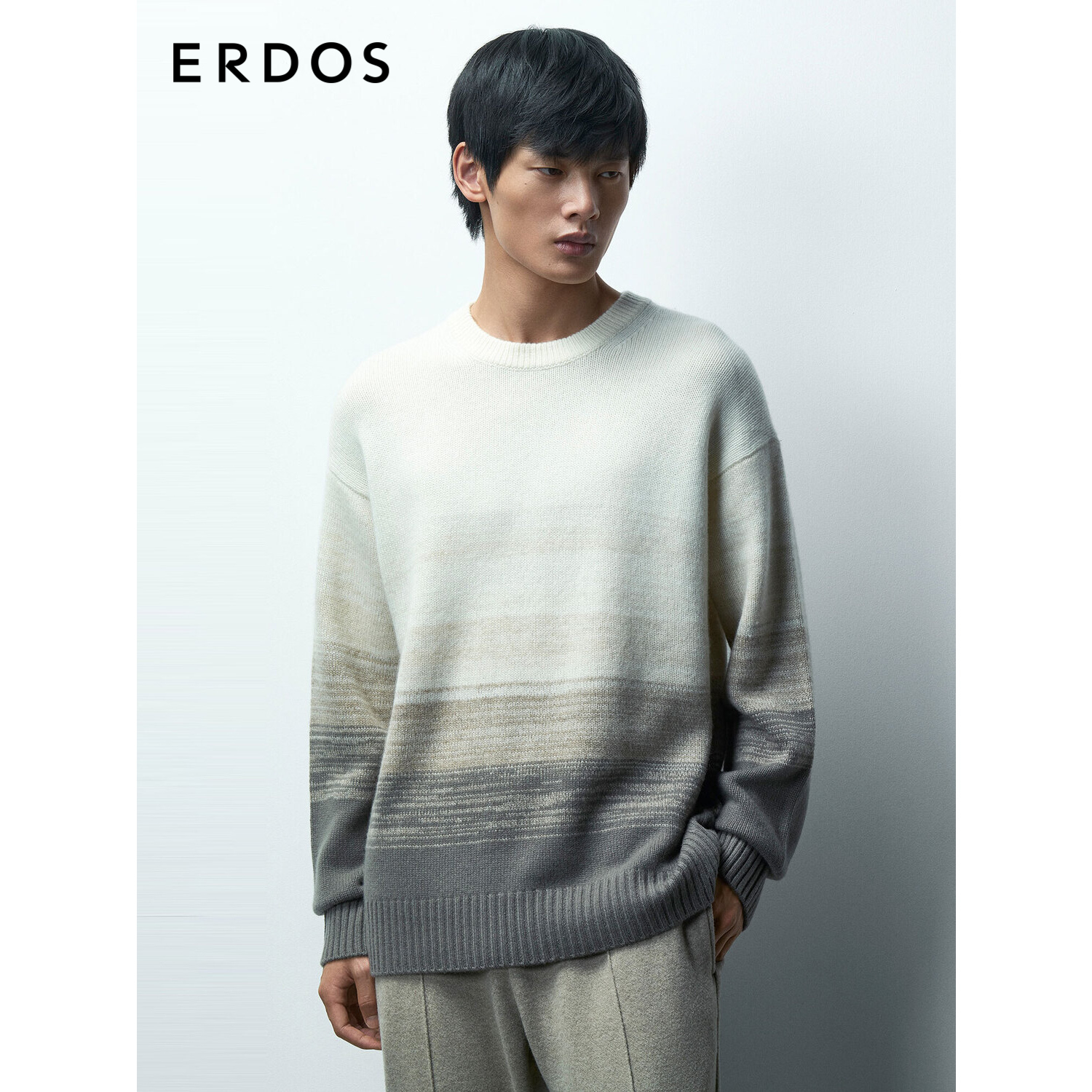 ERDOS 男装羊绒针织衫秋冬圆领渐变拼色条纹时尚羊绒衫