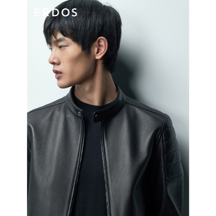 ERDOS 早秋曜石黑纯牛皮机车外套硬朗有型 皮衣男装
