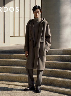 ERDOS 男装纯羊毛大衣秋冬连帽双面蓬松呢长款毛呢大衣