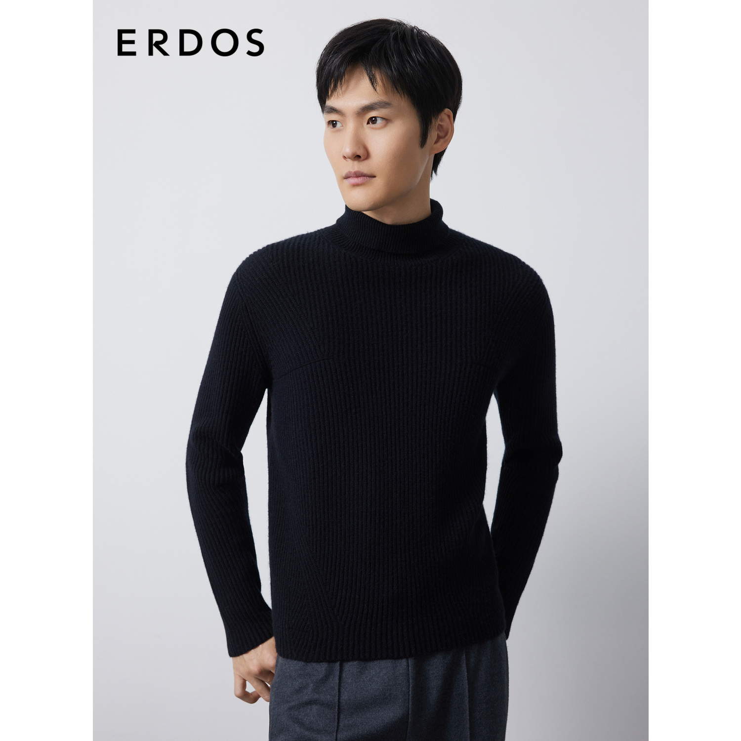 ERDOS 男装羊绒衫秋冬纯色高领双畦宽松弹力百搭针织衫