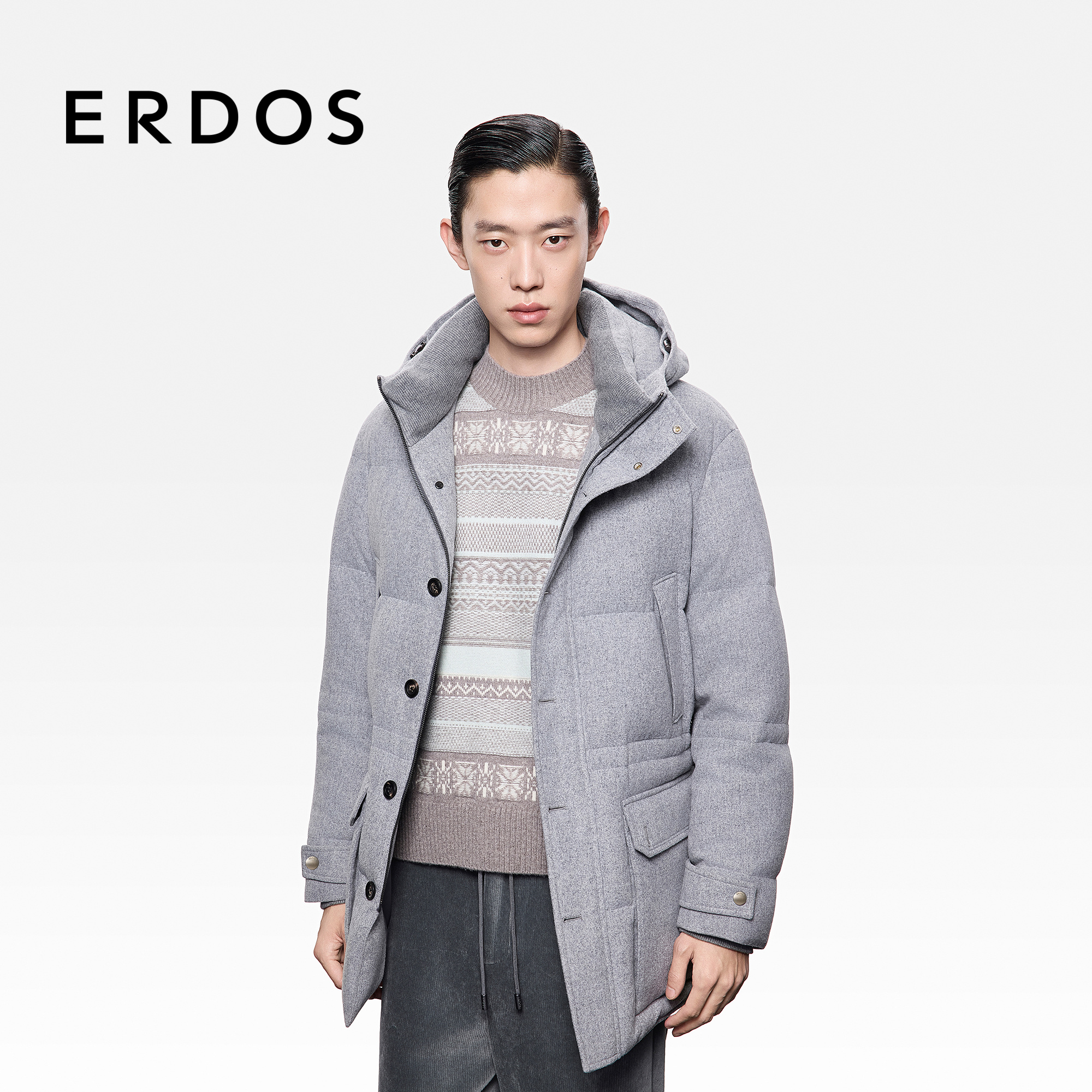 ERDOS 25年秋冬新品男装羊毛混纺羽绒服白鹅绒含量90%连帽保暖