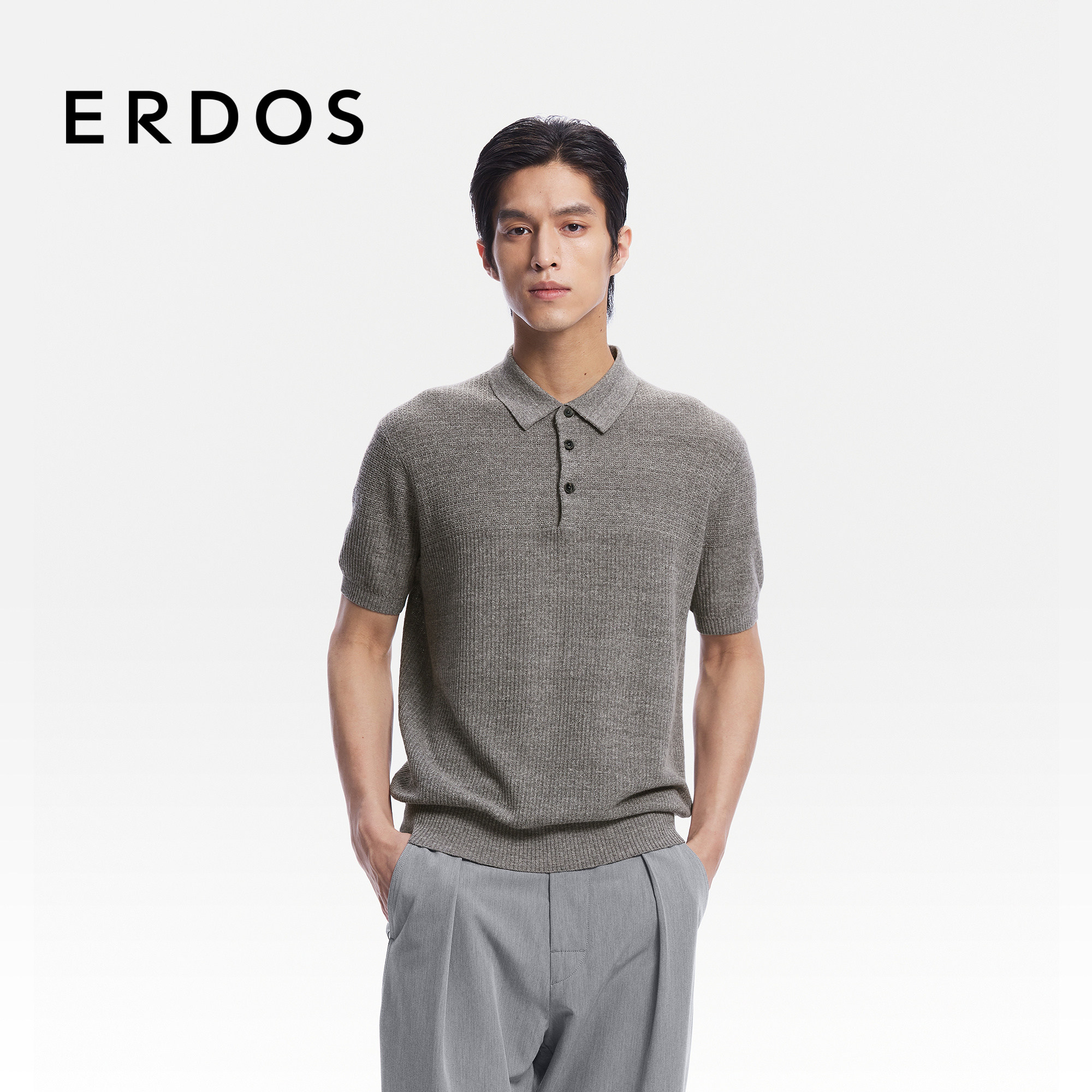 ERDOS 男装纯棉花灰POLOI衫26年夏季新款小翻领短袖宽松针织衫