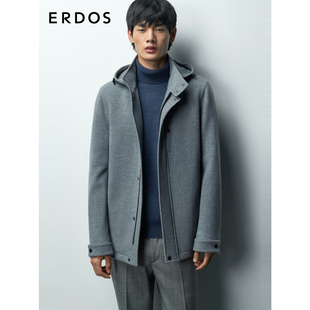 大衣秋冬灰色连帽加厚通勤外套 羊毛羊绒混纺短款 ERDOS 男装