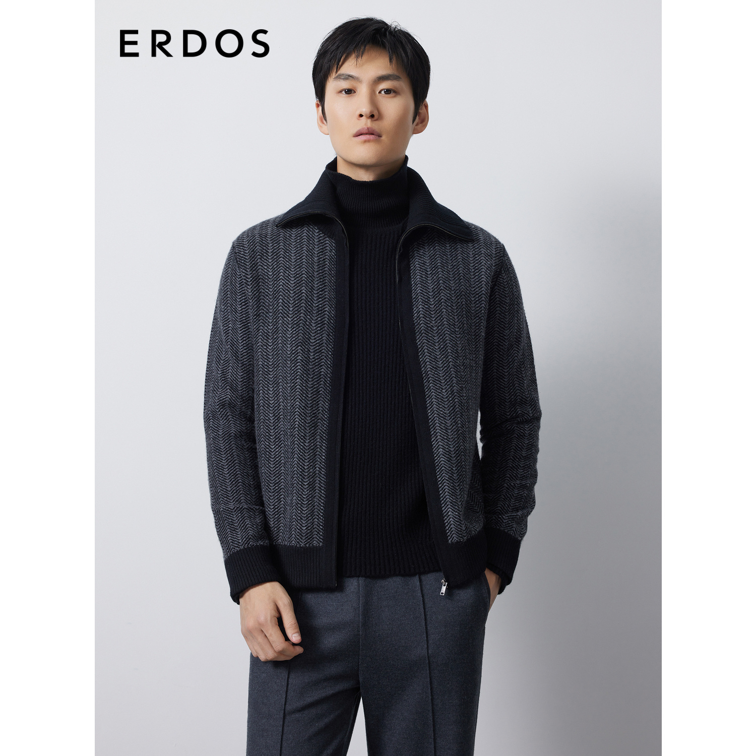 ERDOS 男装羊绒开衫外套秋冬高领拉链波浪图案轻运动羊绒衫