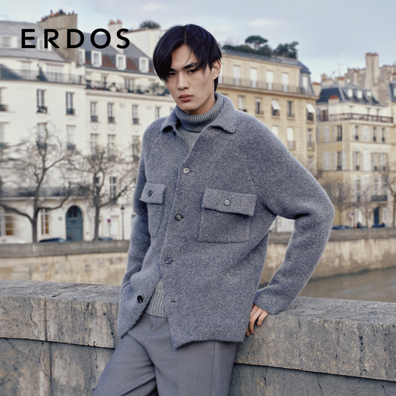 ERDOS 男装羊绒混纺衬衫夹克秋冬双提宽松加厚短款外套