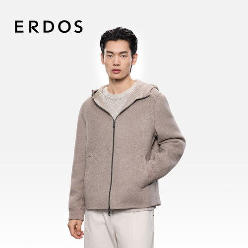 ERDOS 男装无染色羊毛夹克25年秋冬新品老钱风连帽休闲拉链外套