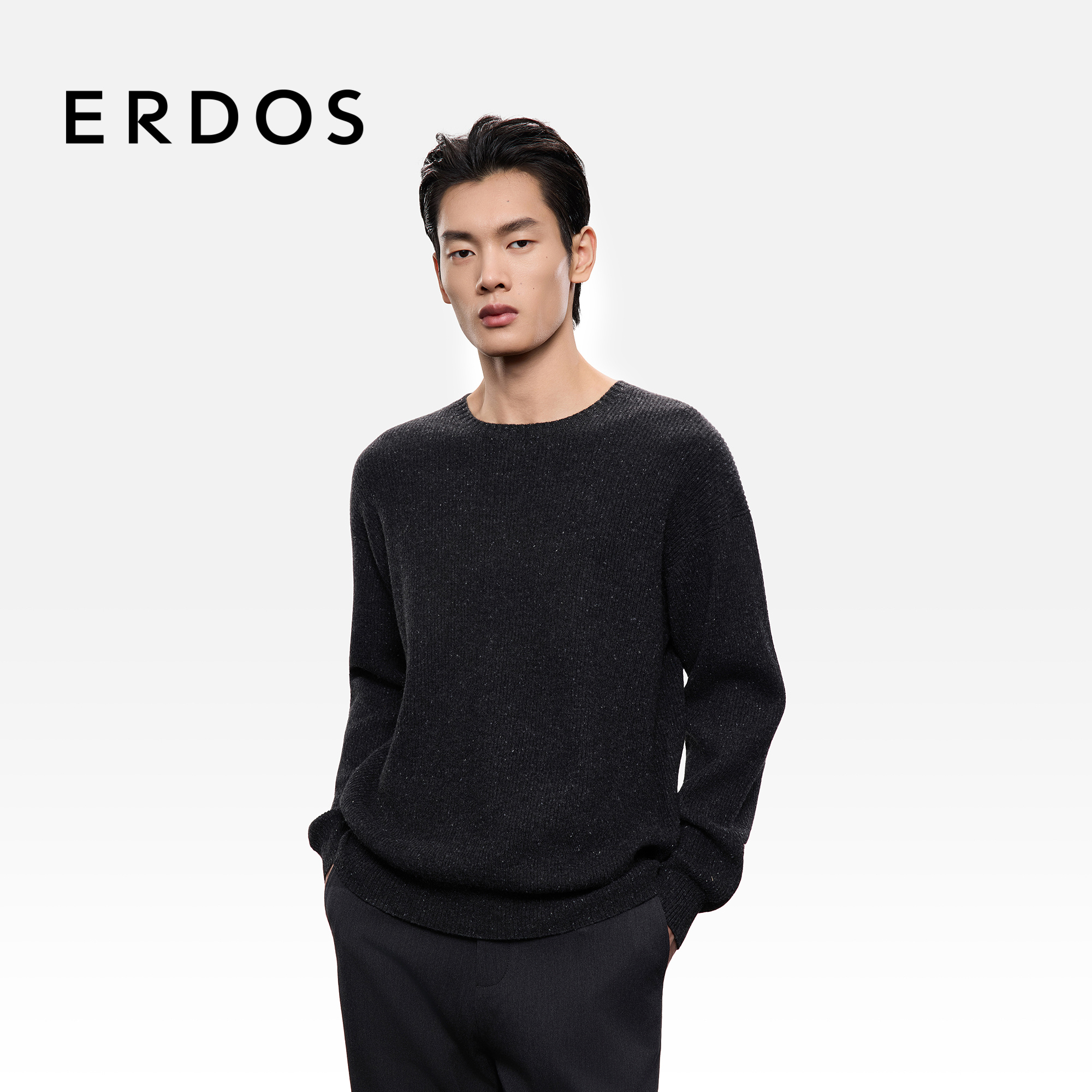 ERDOS 男装圆领双畦羊绒衫25年秋冬新品厚款纯色百搭保暖针织衫