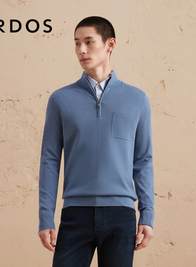 ERDOS 男装羊毛混纺针织衫秋冬蓝色立领斜纹提花长袖毛衣