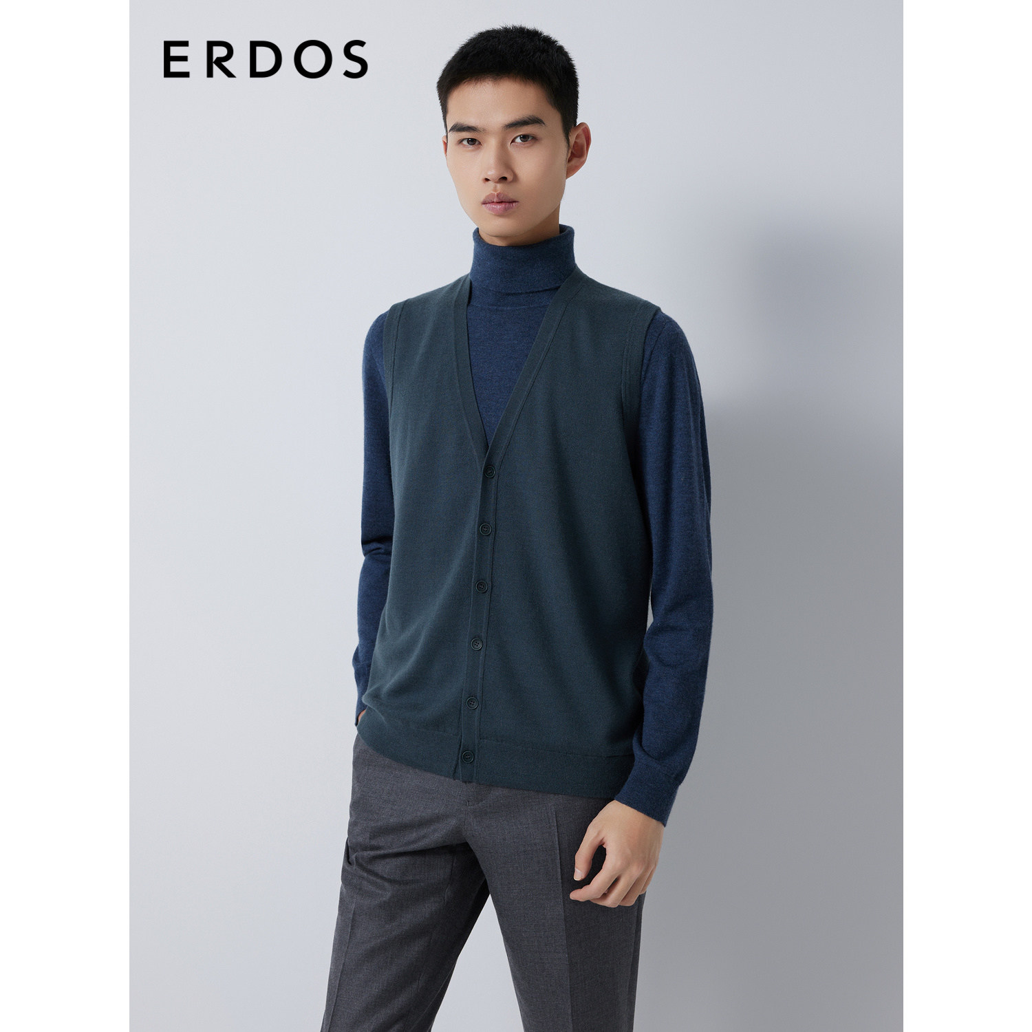 ERDOS 男装羊绒背心开衫早秋精纺V领纯色直筒版型马甲