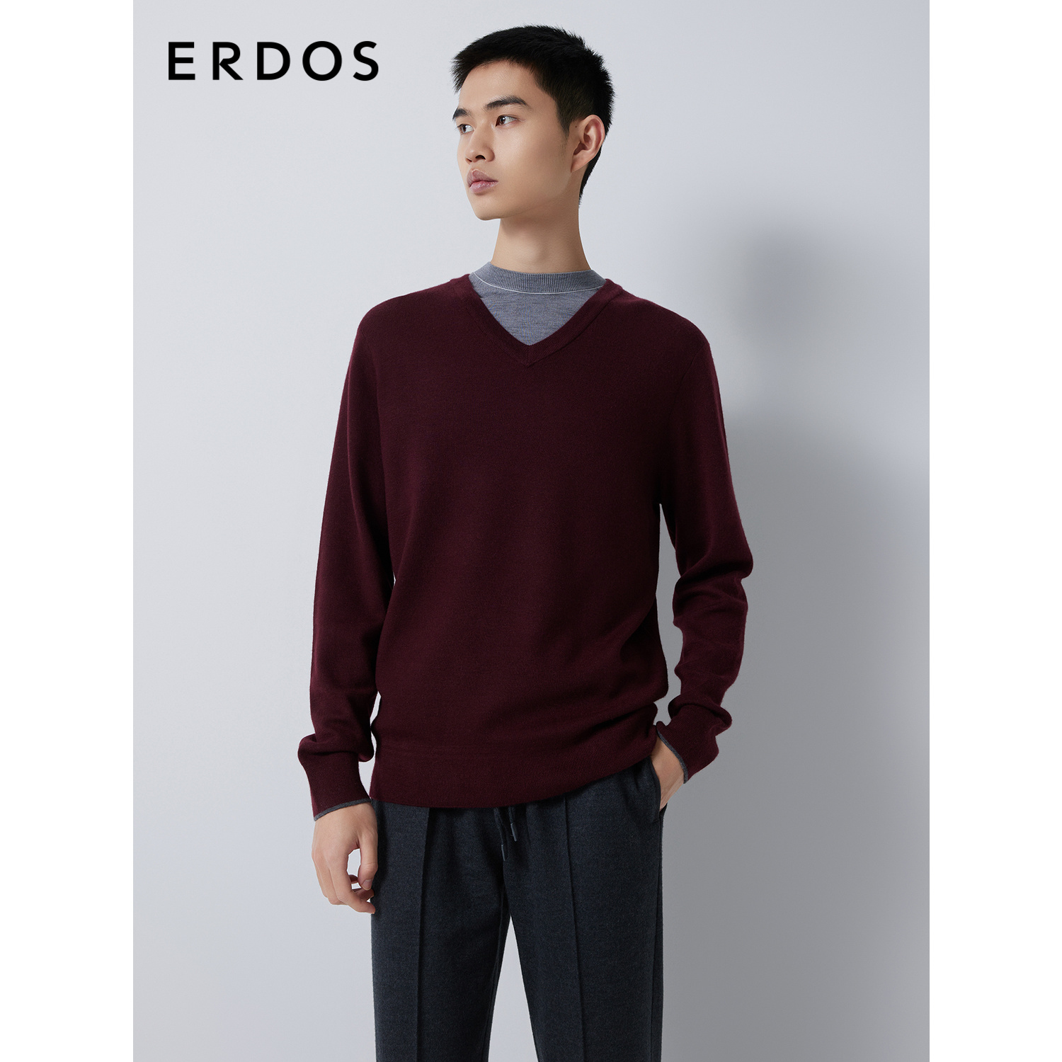 ERDOS 男装羊绒衫早秋精纺V领纯色直筒轻暖针织衫百搭