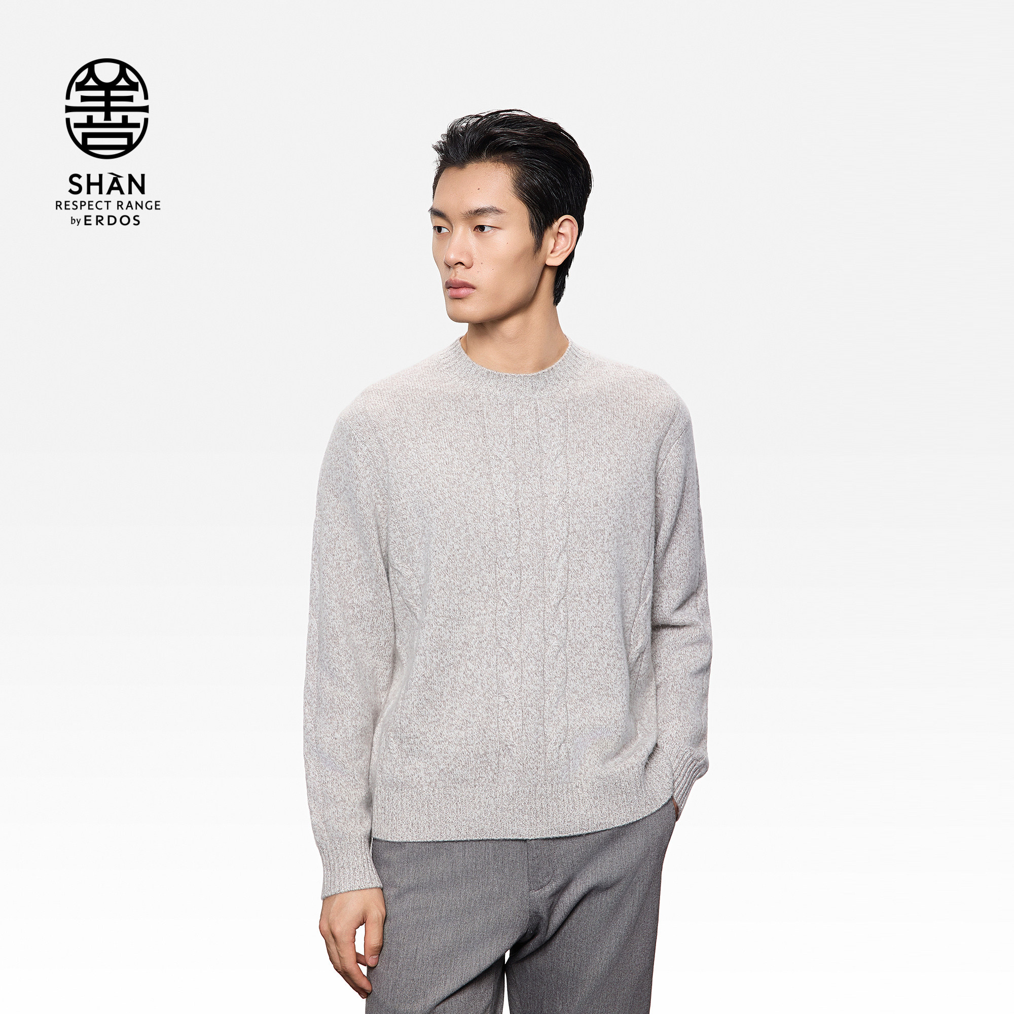 ERDOS 男装圆领绞花羊绒衫25年秋冬新品灰色老钱风简约百搭针织衫,男装,羊绒套衫,淘宝优惠券,粉丝福利购,淘宝优惠卷