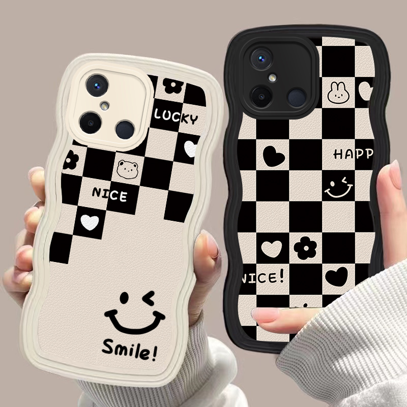 适用红米12c手机壳格子笑脸大波浪Redmi 12c硅胶磨砂防摔卡通可爱女网红镜头全包新款潮