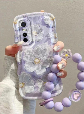 适用vivoy76s手机壳紫色油画花朵vivoy76s硅胶防摔透明可爱女网红ins小清新镜头全包新款潮