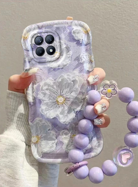 适用opporeno4手机壳紫色油画花朵opporeno4pro硅胶防摔透明reno4se卡通可爱女网红镜头全包新款潮