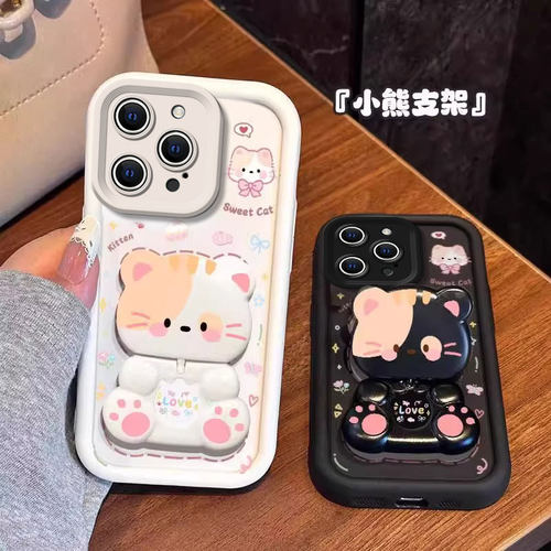 适用苹果系列可爱支架镜子手机壳