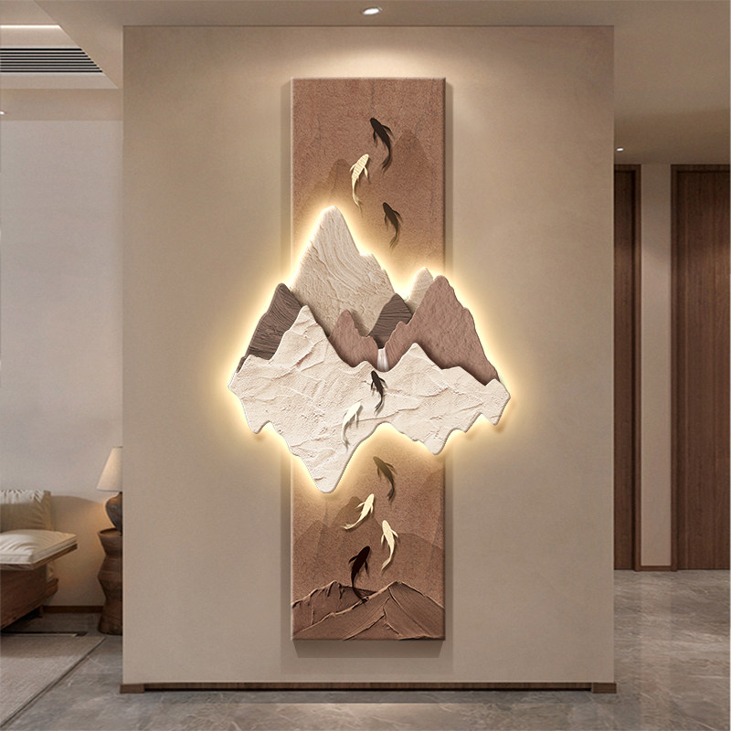 中古风玄关装饰画正对门入户画九鱼图过道壁画走廊挂画大气山水画图片