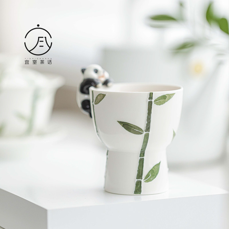 宜室茶话纯手绘竹子陶瓷茶杯创意浮雕高足杯熊猫挂件主人杯喝水杯