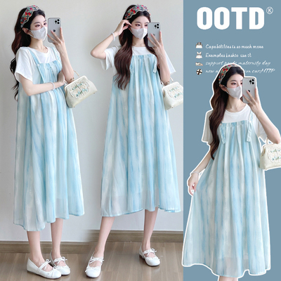 孕妇连衣裙夏装上衣新款时尚潮妈洋气个性假两件中国风减龄孕妇裙