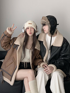 冬季皮毛一体羊羔毛外套男女翻领宽松潮牌情侣装秋冬棉服夹克加厚