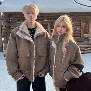 情侣装冬季男女大毛领立领加厚保暖棉服美式复古防寒皮绒棉衣外套