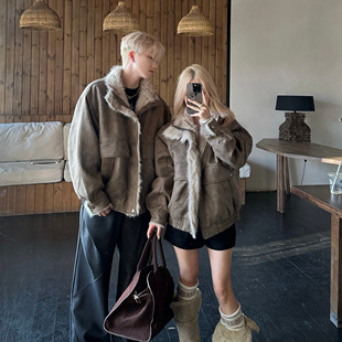 情侣装冬季皮绒夹棉大毛领棉服宽松男女款加厚外套情侣款复古棉衣