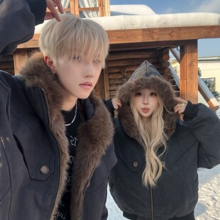 情侣装冬季夹棉带毛帽加厚棉服美式复古连帽保暖外套男女款棉衣