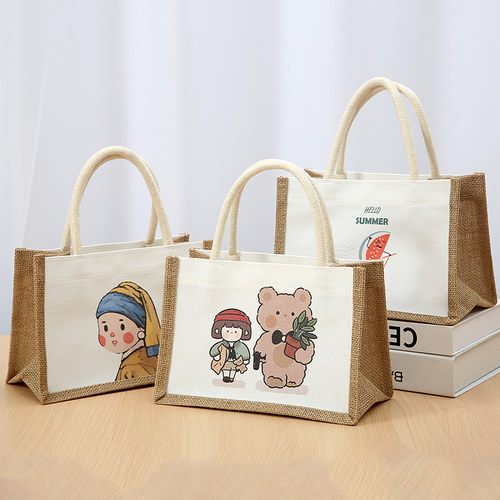 亚麻手提袋女时尚防水帆布包