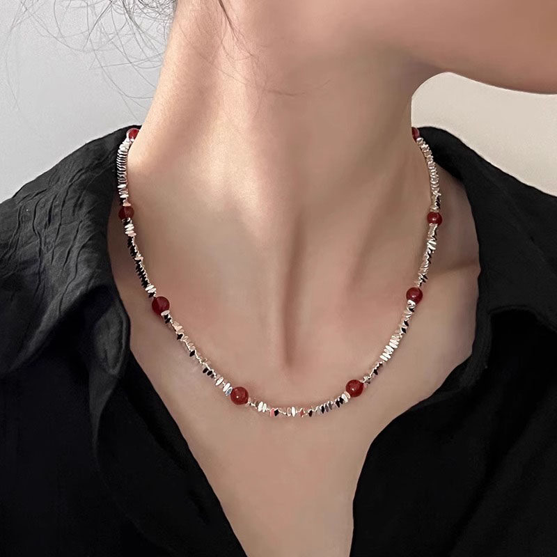 红色玛瑙碎银子项链女款高级感