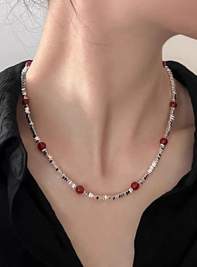 红色玛瑙碎银子项链女款高级感