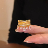 金色水滴流苏戒指女款 中古轻奢高级感复古指环多层流苏拉丝食指戒