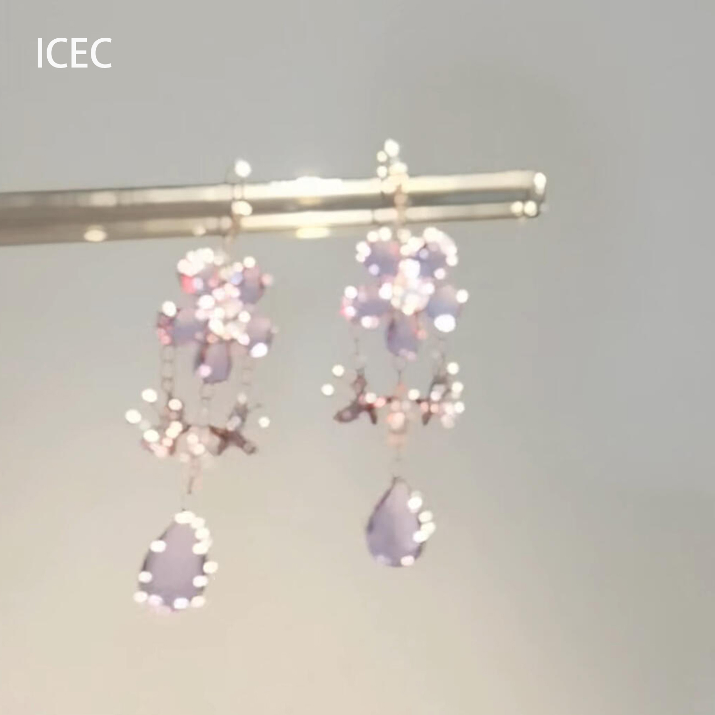 s925纯银紫色花朵蝴蝶流苏耳环女