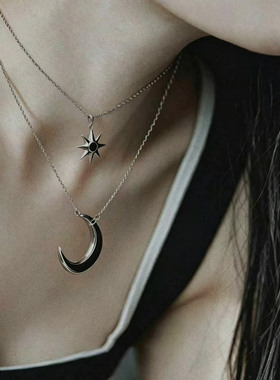 简约冷淡系银黑色星月叠戴项链女