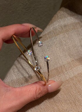 复古爆闪金色双头仿闪钻素圈手镯