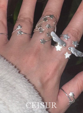 925纯银复古y2k天使翅膀星星戒指时尚小众高级开口指环食指戒气质