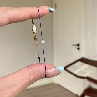 极细mini四叶草手链女深蓝编织手绳轻奢小众精致高级感叠戴手饰