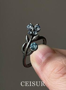 【暗夜花影】做旧黑色蓝色蝴蝶枝叶戒指小众设计感个性食指戒女