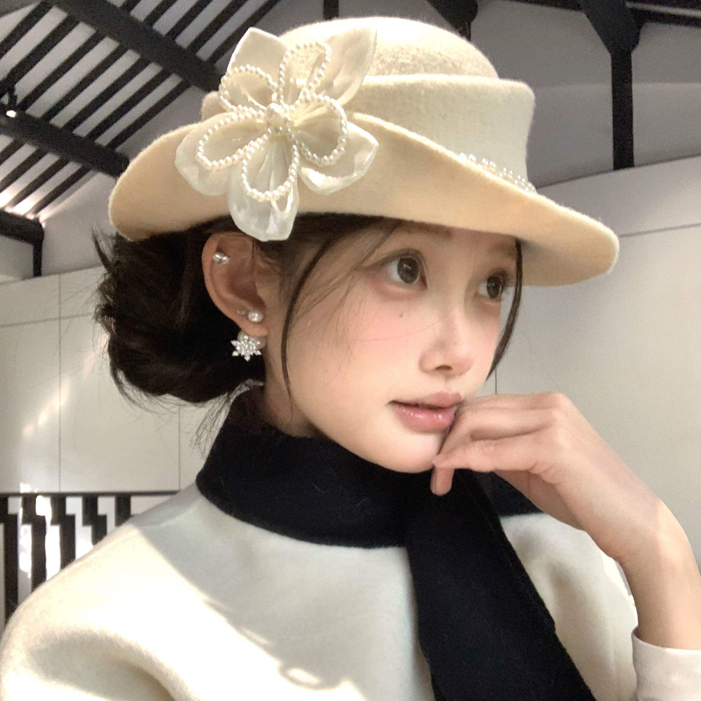 留洋千金高端羊毛仿珍珠卷边玫瑰花礼帽优雅气质气质高级感盆帽女