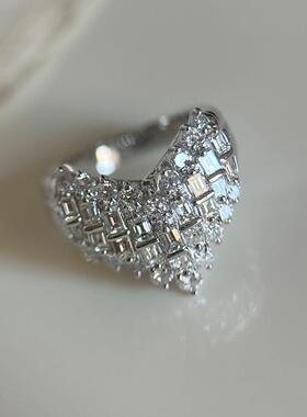 vintage爆闪银色满钻爱心戒指轻奢高级感个性独特小众设计指环女